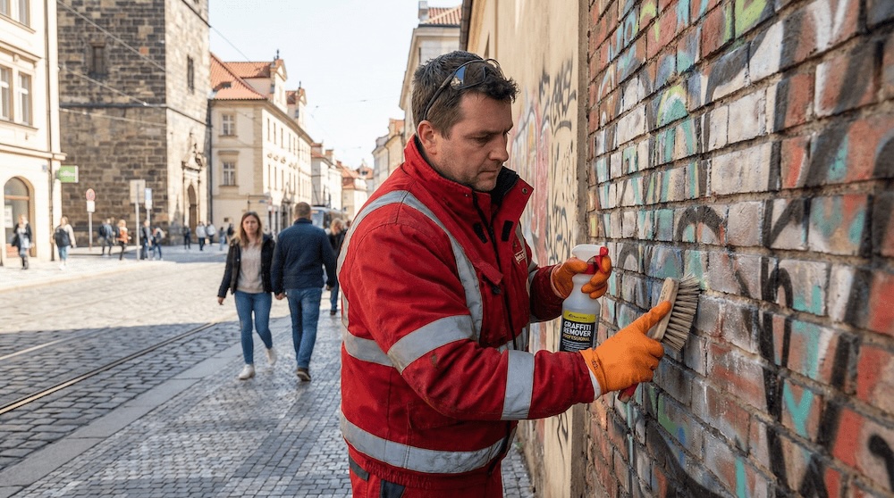 Profesionální odstraňování graffiti z cihlové zdi v Praze
