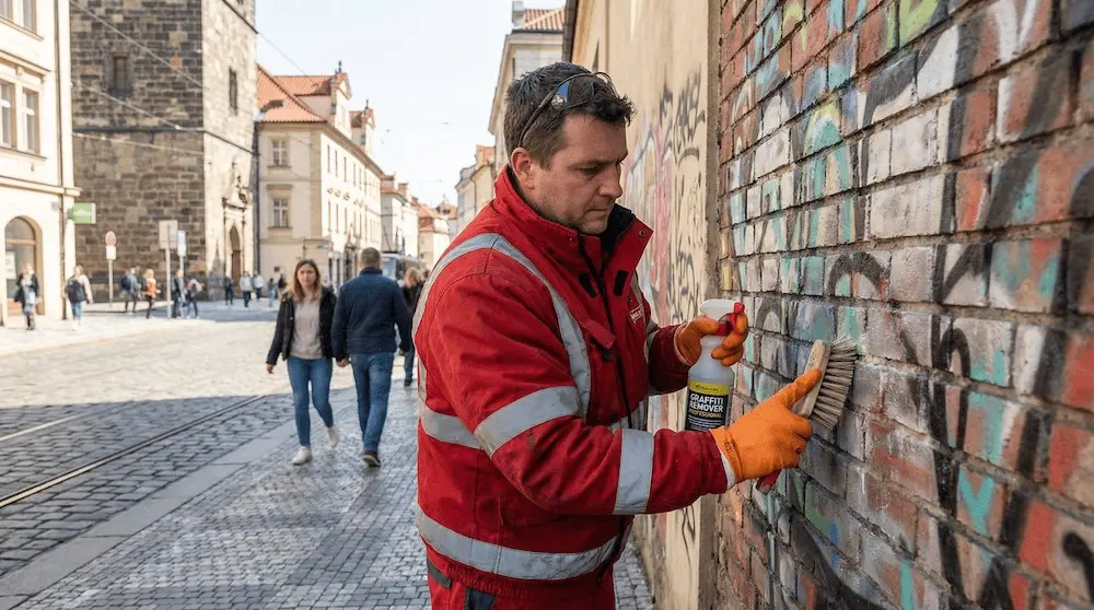 Různé typy povrchů fasád s graffiti v Praze