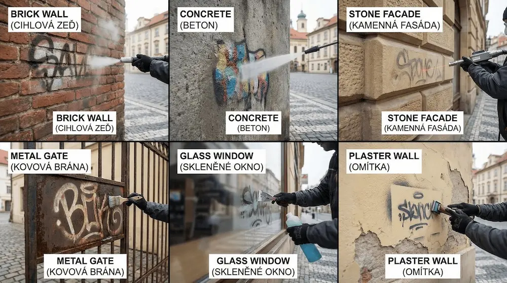 Přehled různých povrchů a metod odstranění graffiti v Praze