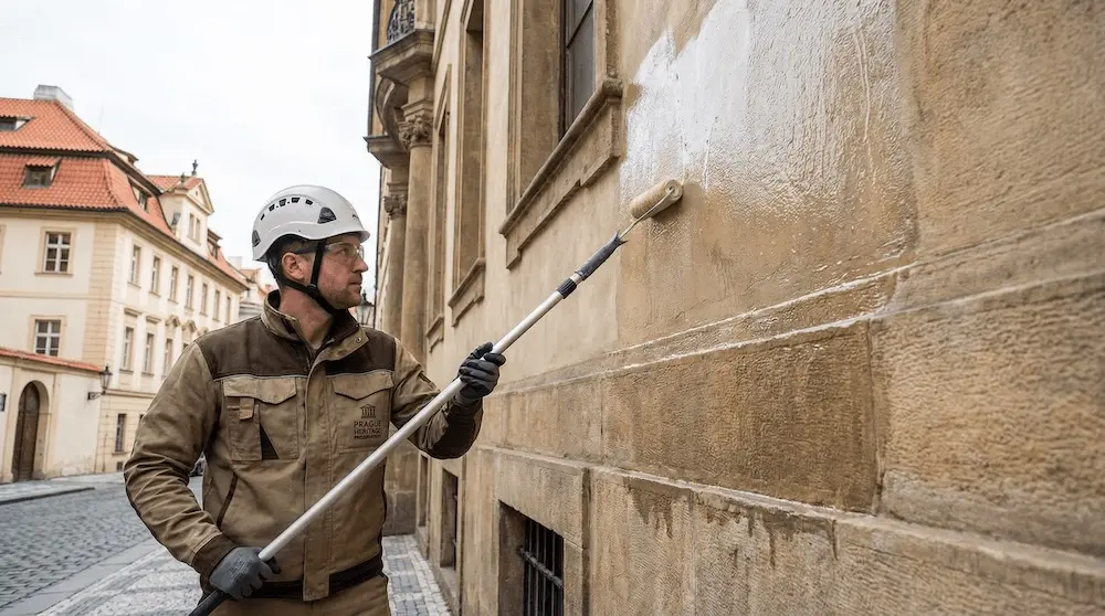 Pracovník s přilbou nanáší antigraffiti ochranu válečkem na teleskopické tyči na kamennou fasádu