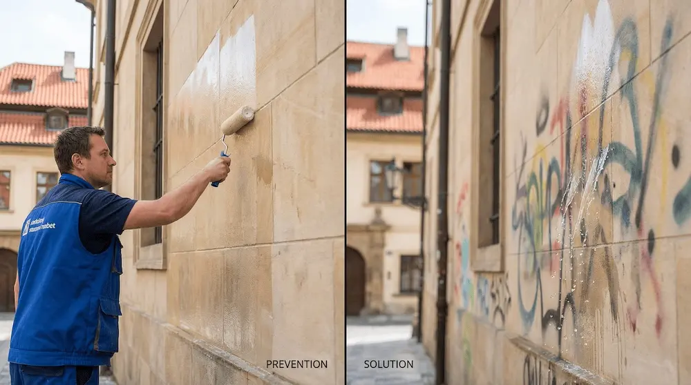 Aplikace antigraffiti ochrany na fasádu budovy v Praze