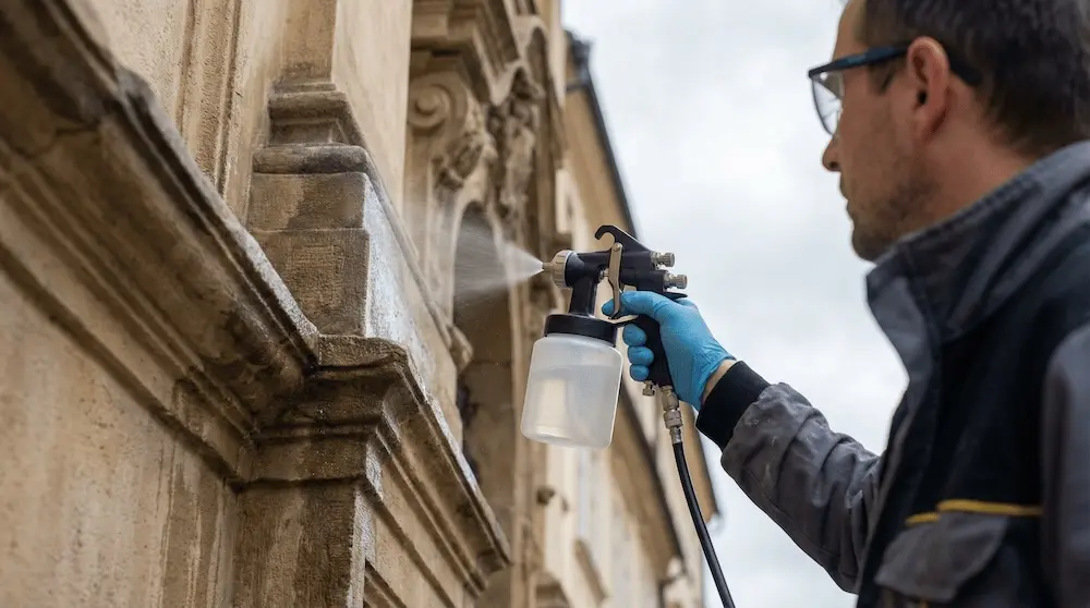 Detail ruky v rukavici stříkající ochranný antigraffiti nátěr na historickou kamennou fasádu