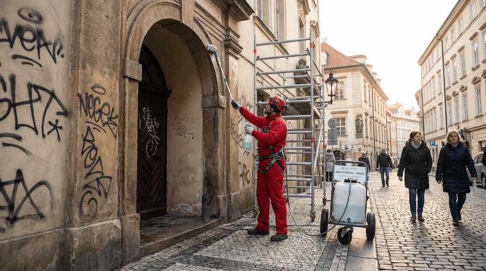 Profesionální čištění graffiti z historické budovy v Praze