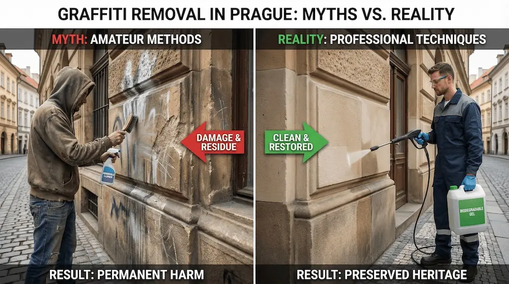 Odstraňování graffiti z fasády pražského domu