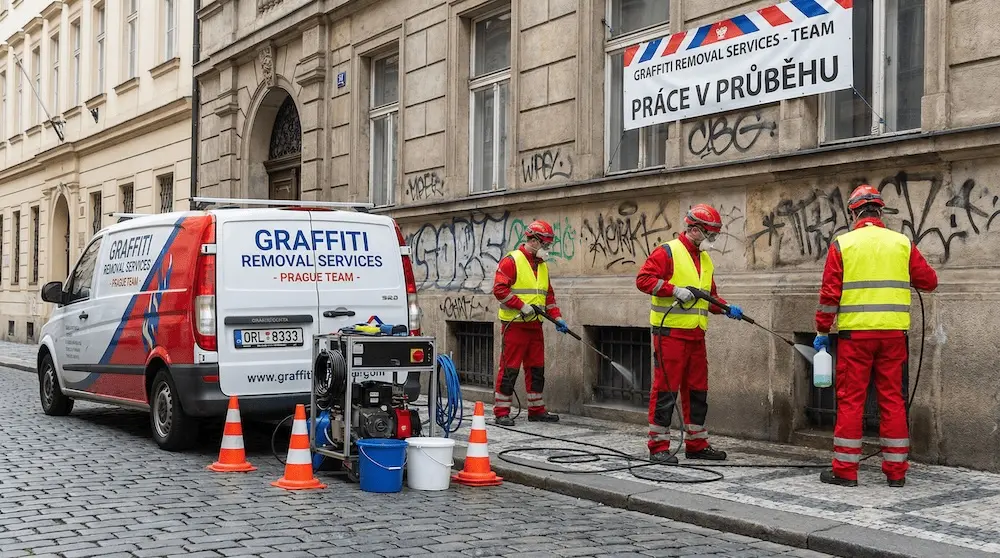 Tým pracovníků v reflexních vestách profesionálně čistí fasádu budovy v Praze