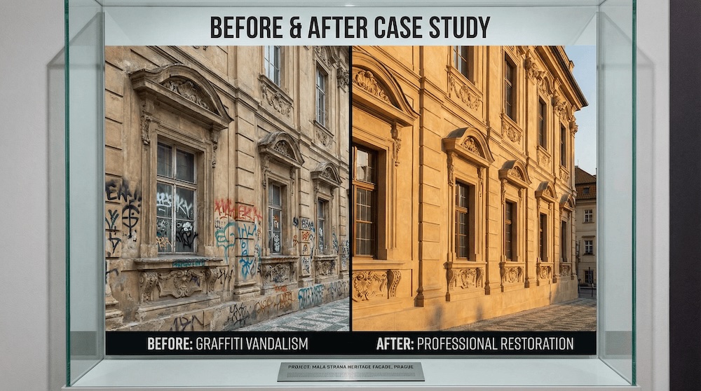 Před a po: Odstranění graffiti z historické budovy na Malé Straně Praha