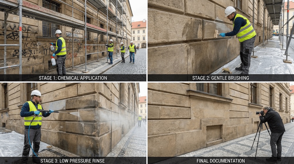 Postup čištění graffiti z historické fasády – 4 fáze procesu