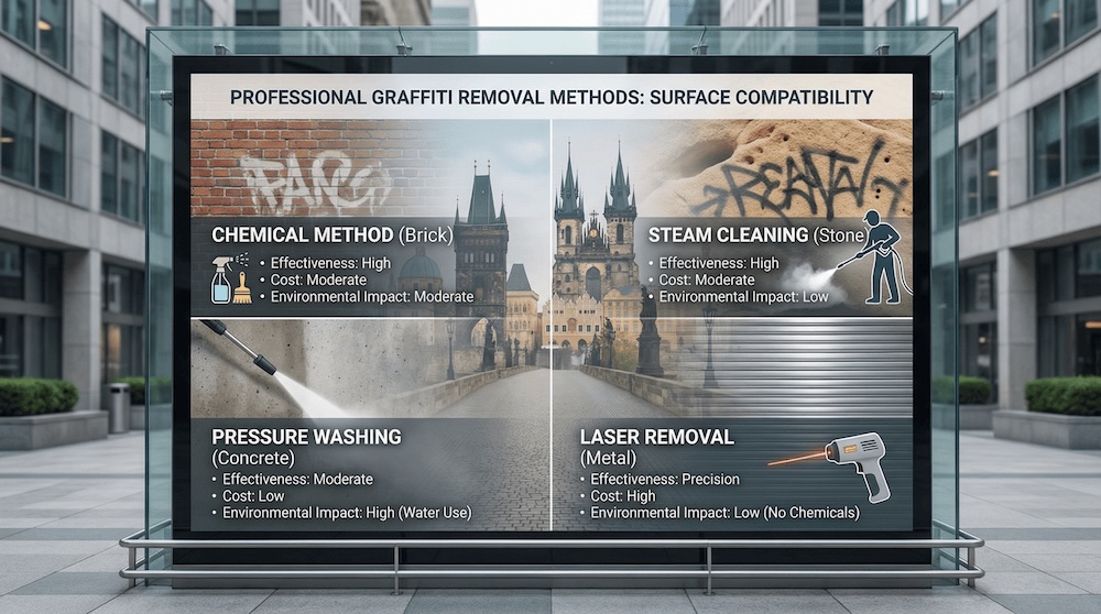 Porovnání metod odstranění graffiti pro různé typy povrchů