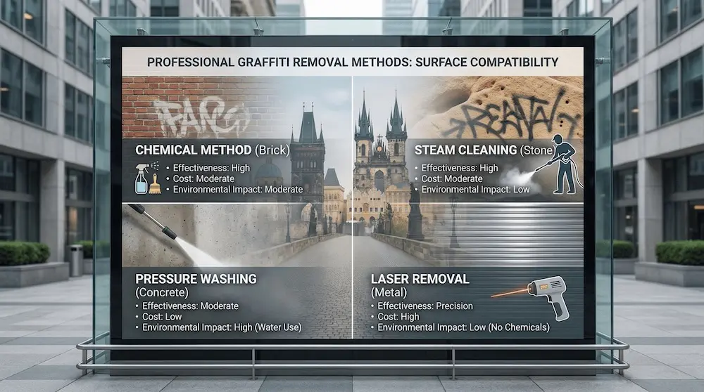 Porovnání metod odstranění graffiti pro různé typy povrchů